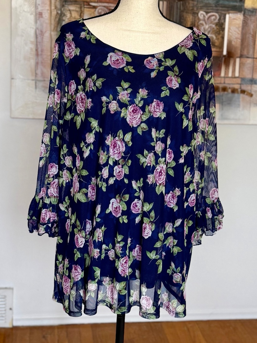 Papermoon 1X blue Floral Sheer tunic lined, with/ruffle bell sleeves